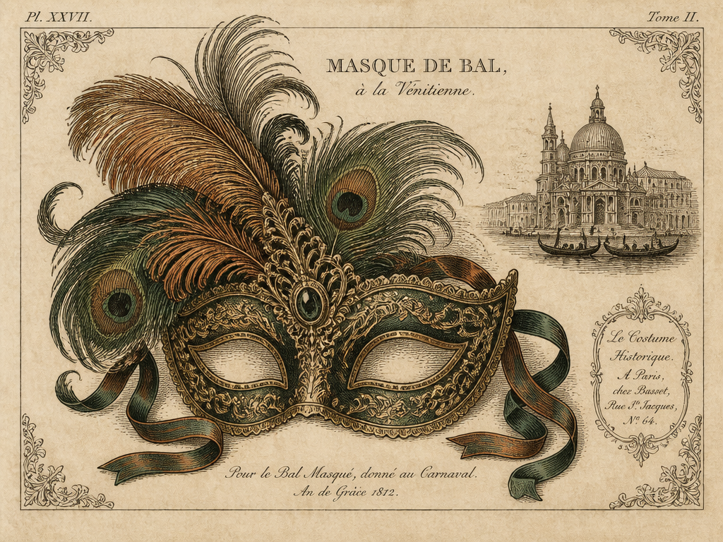 Ornate Regency masquerade ball mask with gold filigree and ribbons